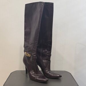 Gucci Dark Purple Heeled Boots with Gold buckle accent